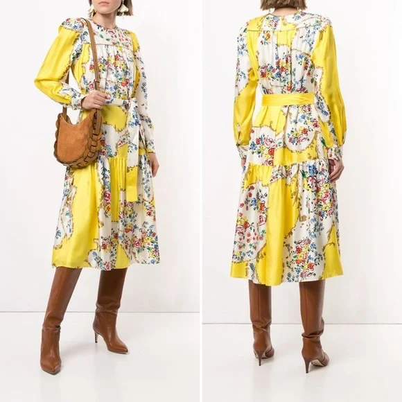 TORY BURCH Silk Quilted Yoke Yellow Floral Silk Midi Dress Size 4 - Picture 1 of 16